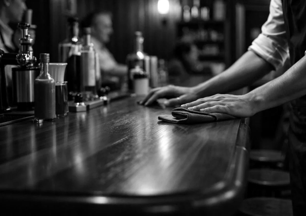Cleaner wiping down a bar top